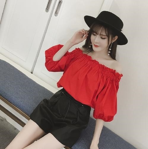 2173.バルーン袖 フリル オフショルダー トップス(レッド)