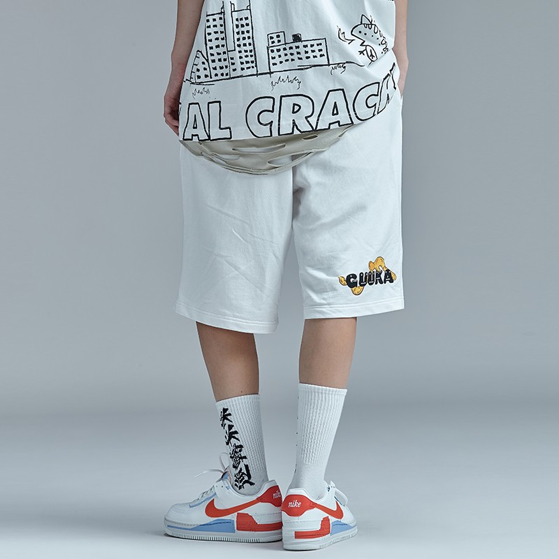 女性用ホワイトスポーツショーツ夏のトレンディなヒップホップカップル漫画プリントコットンカジュアルショーツルーズ