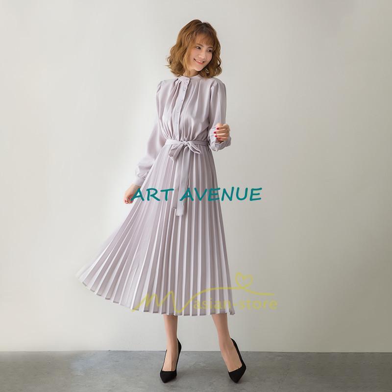 ワンピース プリーツワンピース 長袖 落ち感 さらさらと 揺れる 卒業式 入学式 30代 40代 リボン付き 無地大人 ドレス 二次会 OL 宴会 黒 フレア