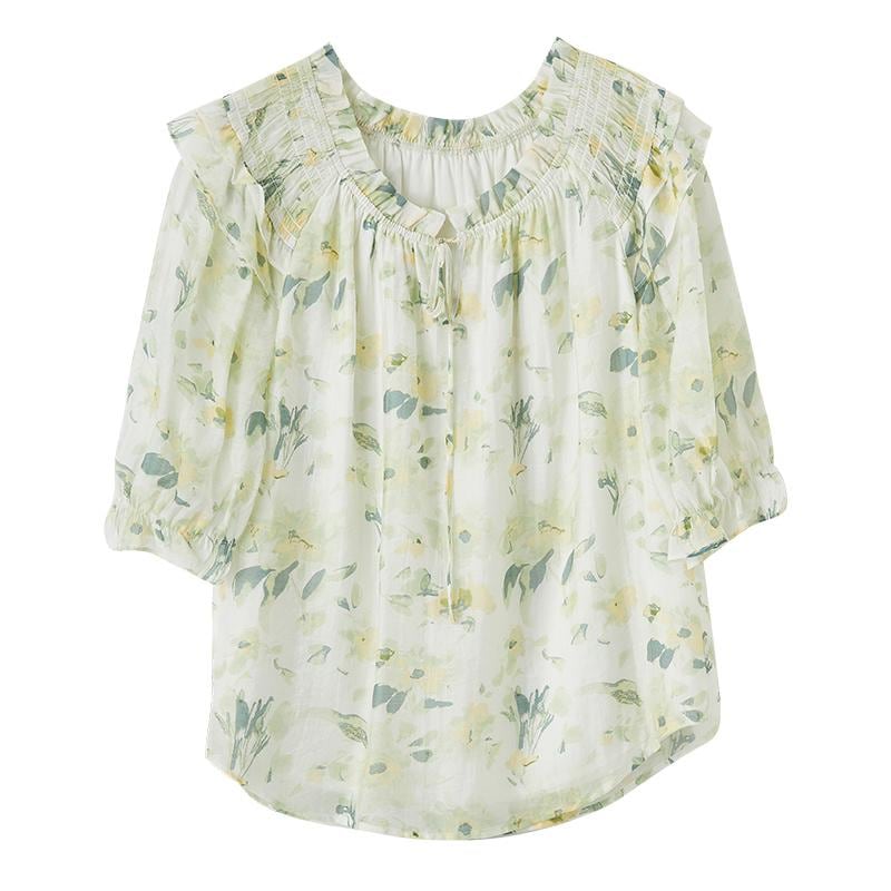 オフショルダー トップス シフォン チュニック ブラウス レディース 夏 フリル 五分袖 花柄 かわいい カジュアル 伸縮性 通気性 緑
