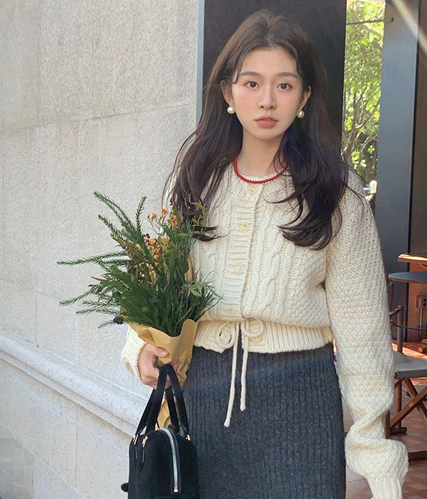 ラウンドネック ケーブル ニット ショート カーディガン