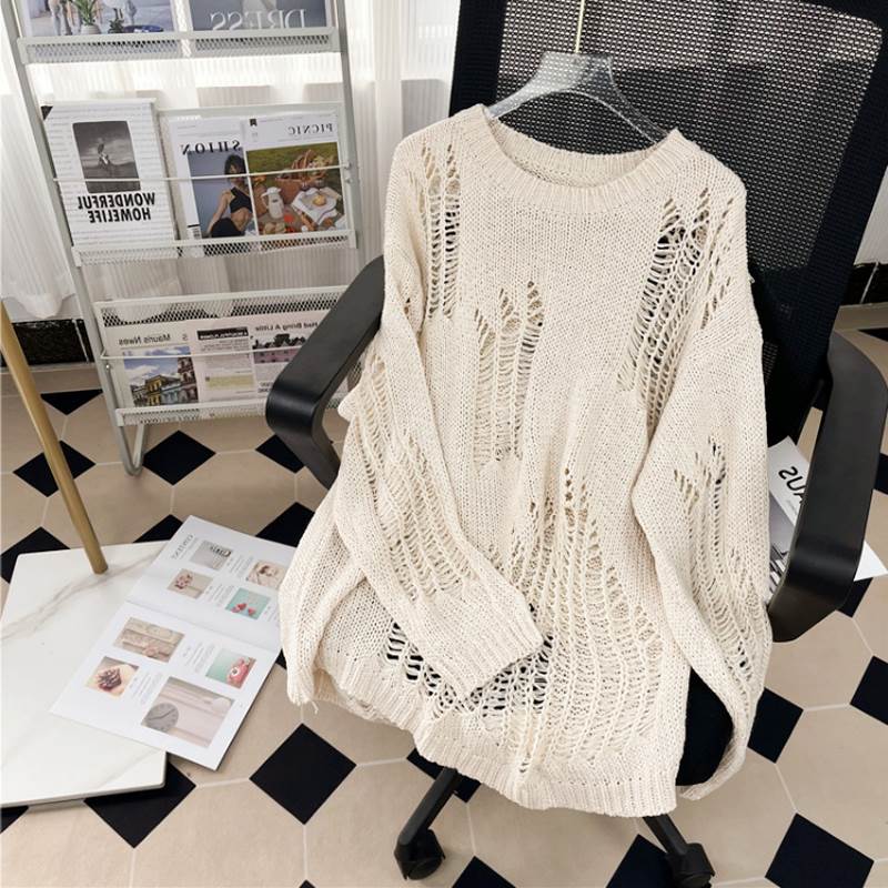 クーポン有ダメージ 穴あきニット トップス レディース セーター 春 秋 冬 長丈トップス 裾長め お尻カバー ポッコリお腹カバー 長袖 二の腕カバー クルーネック 丸首 Uネック ラウンドネック B