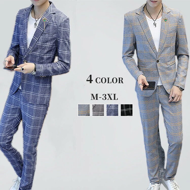 入学式2ピーススーツメンズカジュアルスーツテーラードジャケットlチェック柄ジャケットアウターお洒落スリムスーツテーラードジャケットチェック柄ジャケットアウターお洒落スリムスーツセットアップ春ジャケッ