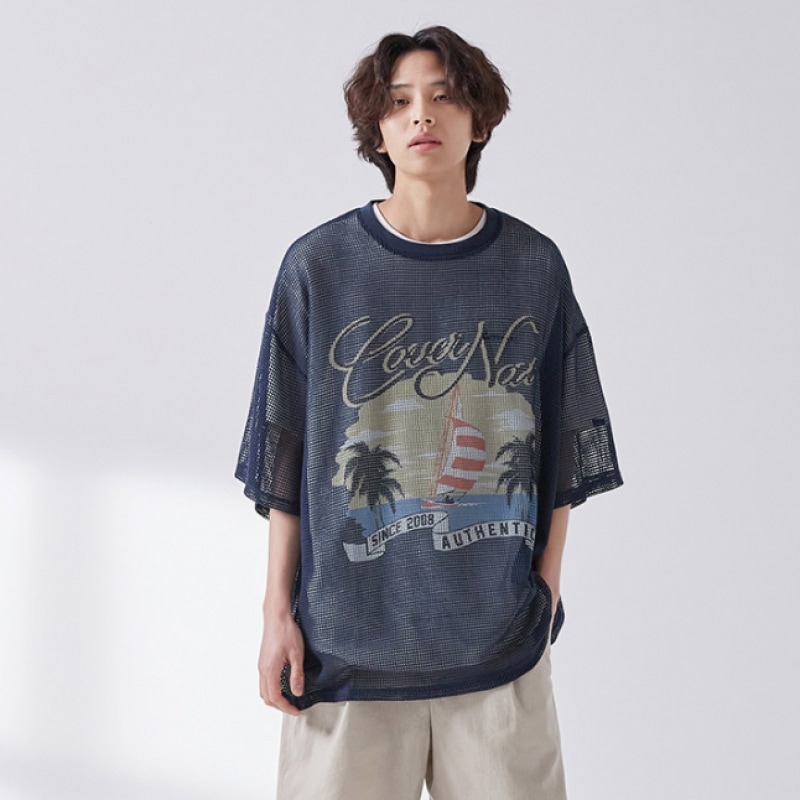 COVERNAT メッシュサンセットボート T シャツネイビー