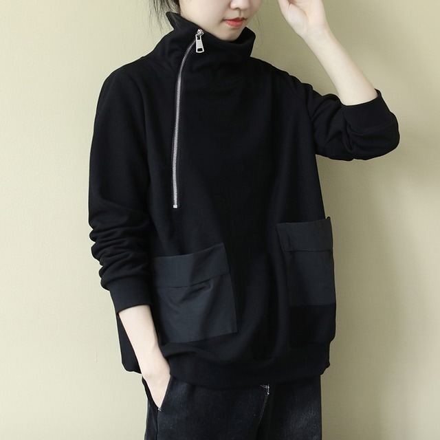 トップス レディース トレーナー 袖あり 長袖 ハイネック タートルネック ワイド ファスナー