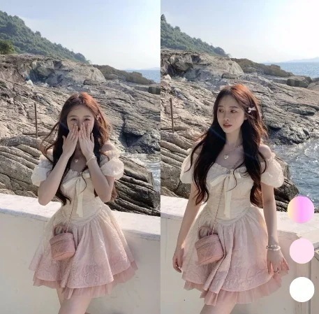 ワンピース 2025甘めグラデーションプリンセスポンポンワンピース夏は小柄で腰をすぼめて痩せて見える