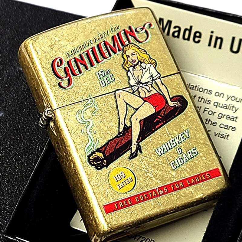 ZIPPO ライター おしゃれ 女性 セクシー レトロ アメリカン ジッポ クラシック 可愛い ストリートブラス アンティークゴールド WHISKEY AND CIGAR ユーズド加工 プレゼント