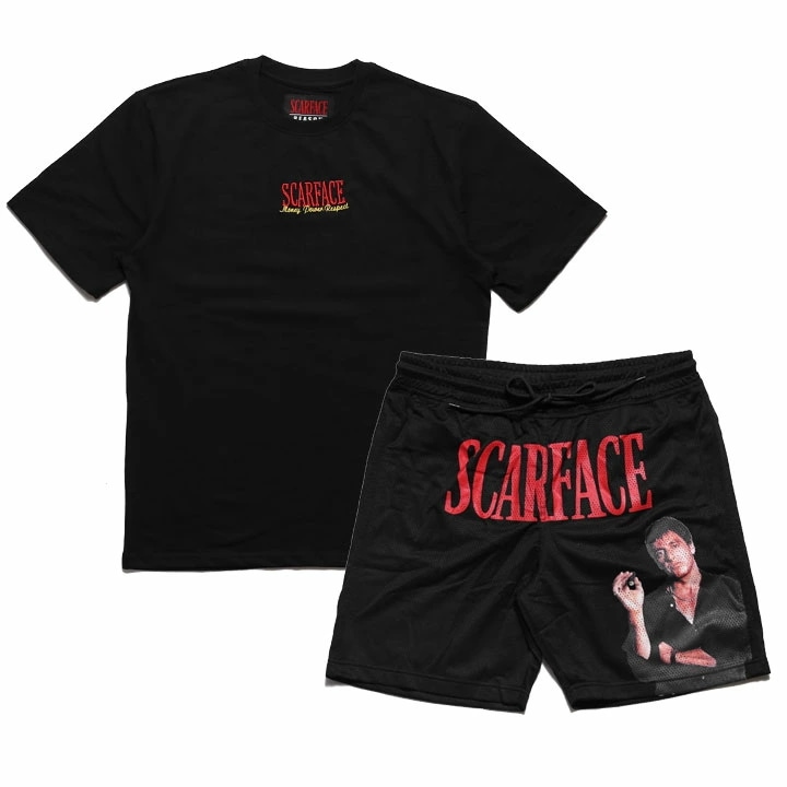 REASON × 映画 スカーフェイス 上下セット 半袖 ブランド Tシャツ ハーフパンツ メンズ 春夏用 黒 大きいサイズ Scarface 限定 コラボ 公式