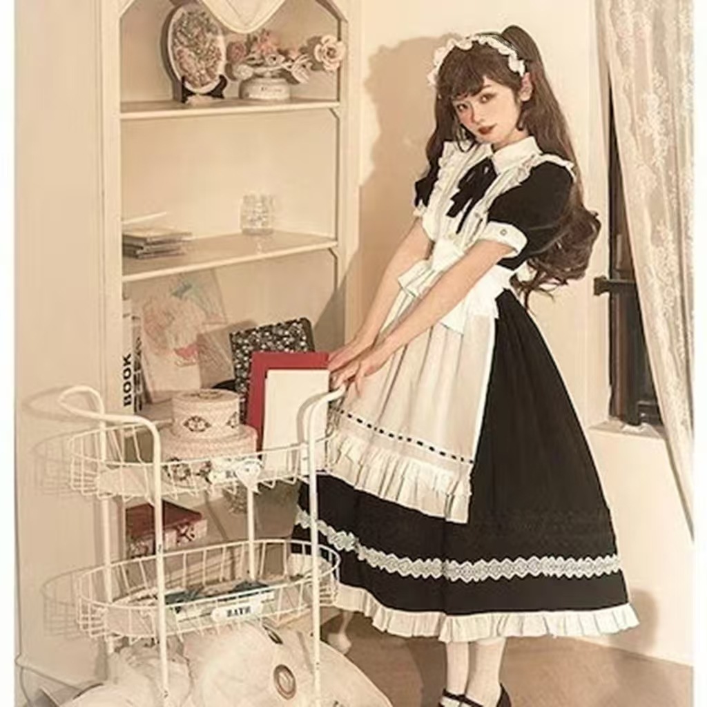 メイド服 ロリータ ワンピース Lolita OP 長袖 半袖 エプロン カチューシャ付き 通販 文化祭 学園祭 コスプレ衣装 ゴスロリ ゴシック コスチューム アニメ オールシーズン ハロウィンコス