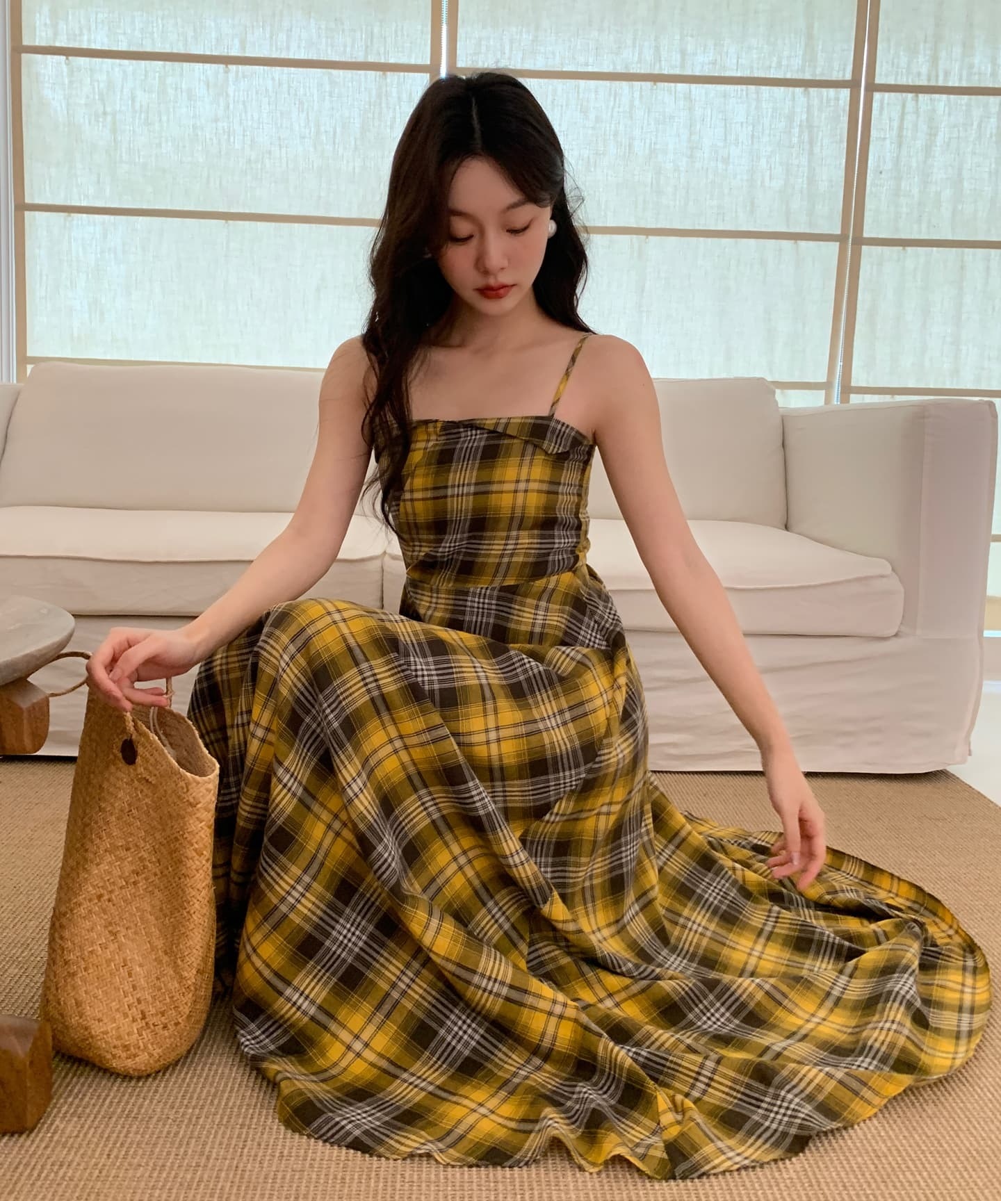 チェック マキシ丈 フレア/Aライン キャミワンピ [イエロー]