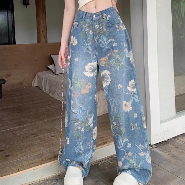 2024 春夏パンツ デニム ジーンズ ロング丈 ワイド ストレート 花柄 ハイウエスト 美脚効果 脚長効果 細見え 夏 おしゃれ かわいい ガーリー キュート 韓国ファッション レディース お出かけ