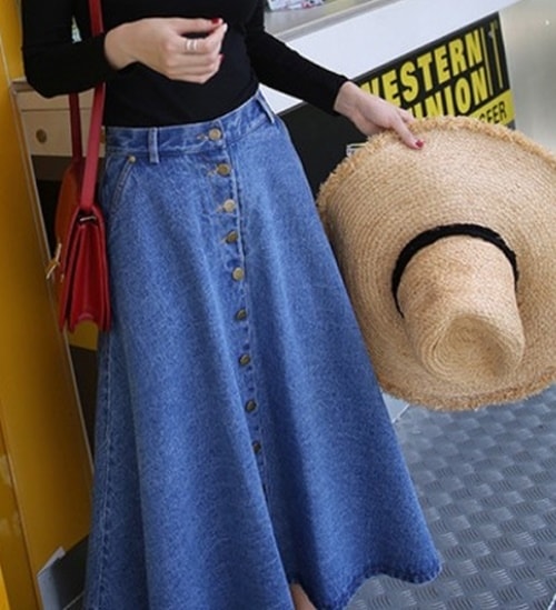 3267．デニムロングカジュアルボトムス(ライトブルー) 2019 春夏 ミモレ丈 お呼ばれ ご挨拶 きれいめ スカート