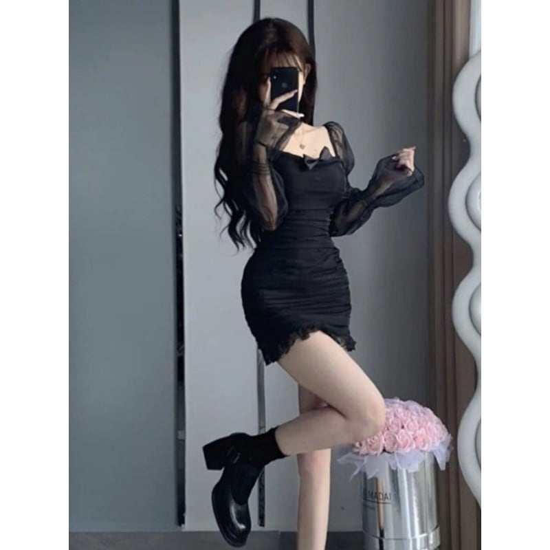 【1つ買うと10つ無料】ブラックピュアドレス女性春2025年春セクシーな薄いガーゼ長袖スリムプリンセススカート
