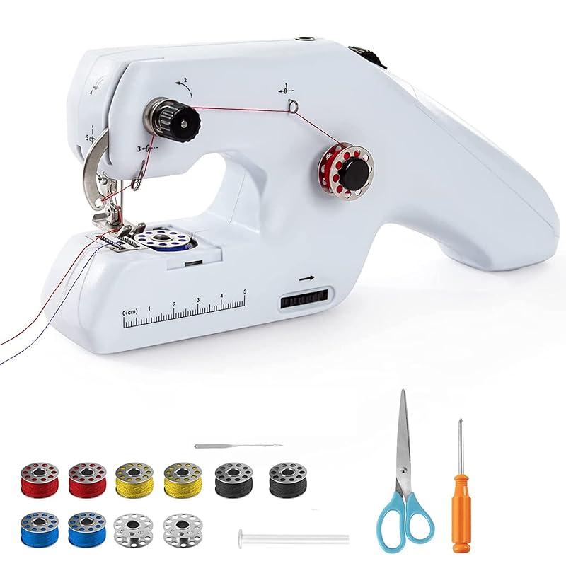 ダブルスレッド手ミシン ポータブルハンディビギナー電動ミシン布生地カーテンDIY家庭用旅行用 補修 オーバーロックミニミシン
