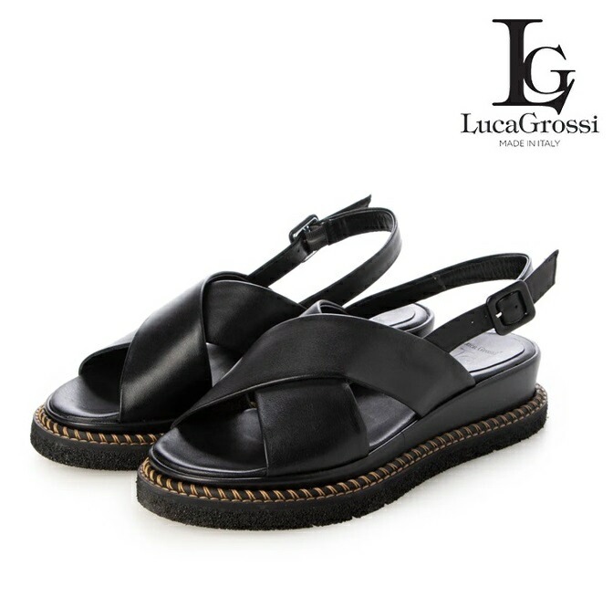 Luca Grossi ルカグロッシ サンダル レディース レザー レザーサンダル クロス K343 イタリア製 フラット 本革 クロスサンダル ストラップ 本革 厚底 カジュアル 黒 ブラック