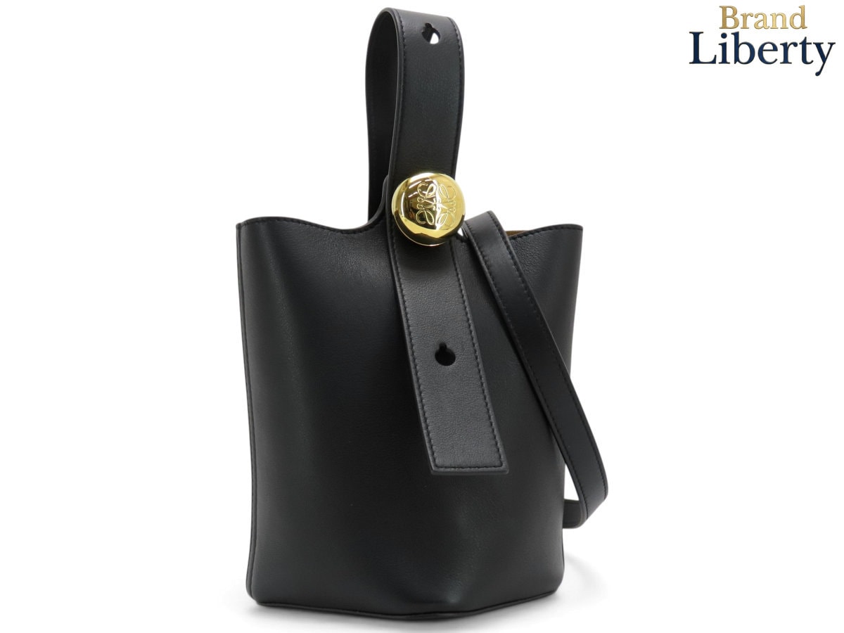 超美品ロエベLOEWEぺブルバケットバッグミニ2WAYバケツ型ハンドバッグトートバッグショルダーバッグショルダーポーチポシェットブラックスムースカーフレザーAANBBBMX01