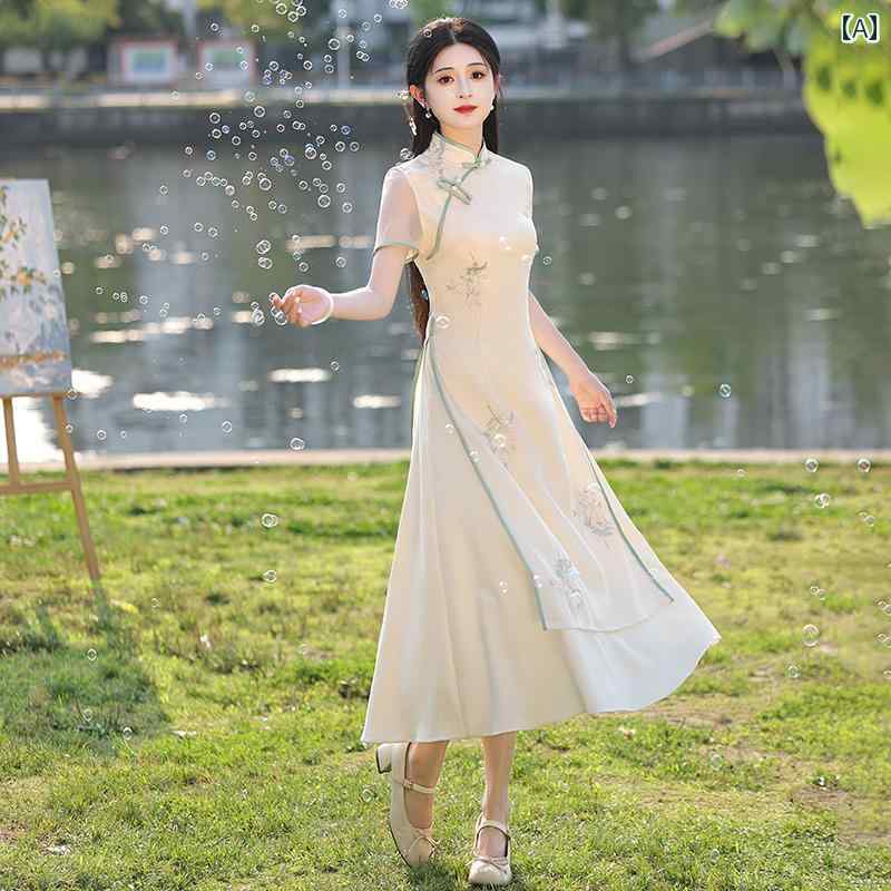 アオザイ チャイナドレス 夏 レディース ワンピース 日常 エレガント レトロ さわやか スリム ピンク