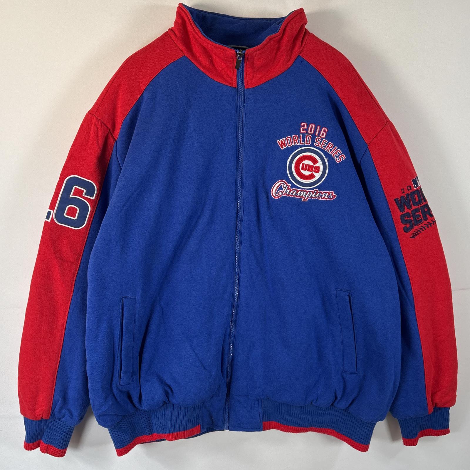 古着 GENUINE MERCHANDISE フルジップスウェットジャケット シカゴカブス2016 チャンピオン 厚手 ワッペン 刺繍 ワールドシリーズ XXXL ブルー メンズ
