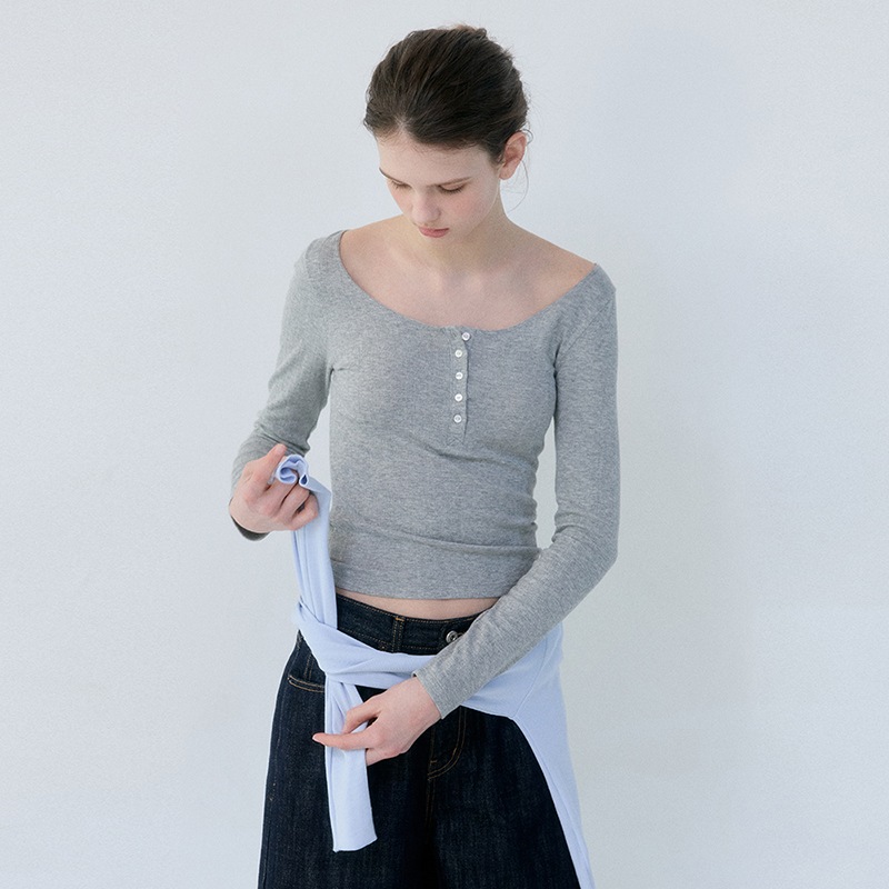 Henley neck Eyelet Long Sleeve (Melange)