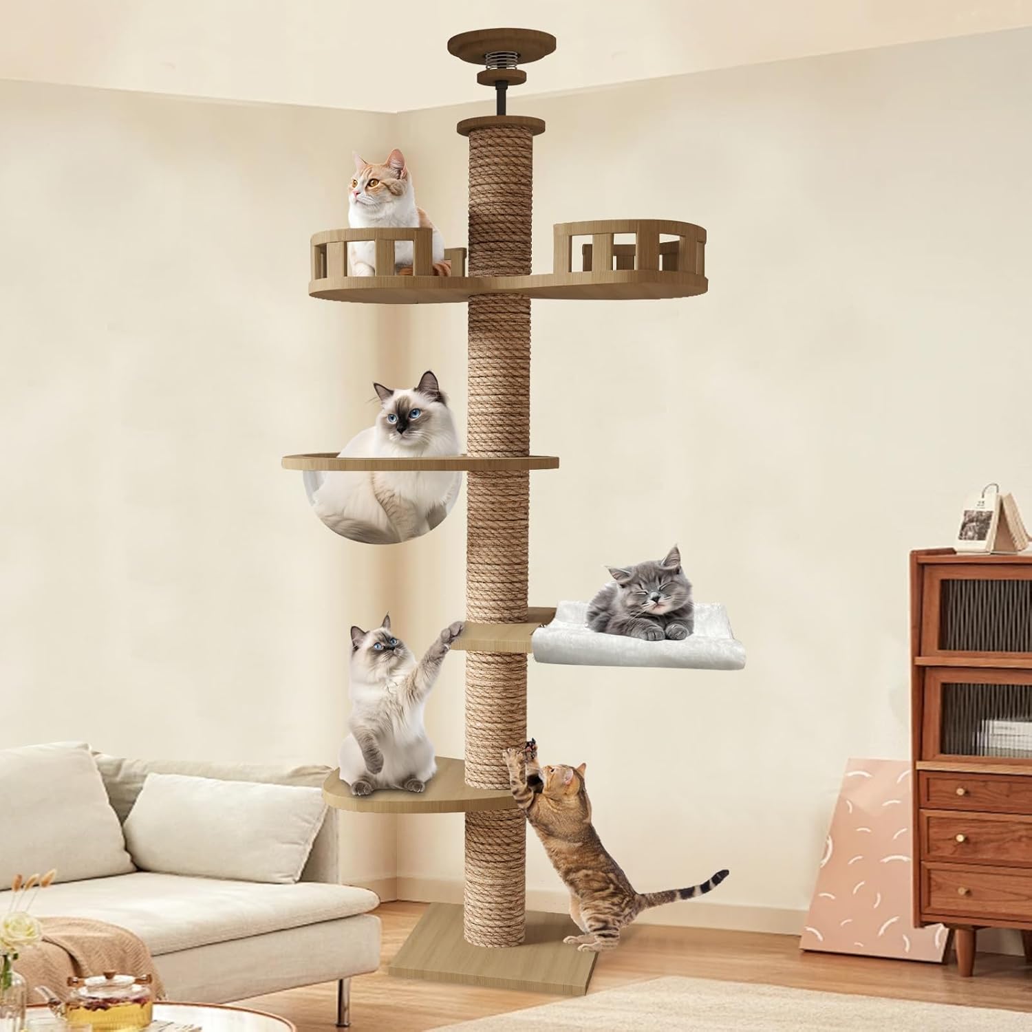 CozyMeow キャットタワー 突っ張り 木製 キャットツリー 木登りタワー 多層無垢材 太い支柱 スリム 宇宙船 ハンモック 多頭飼い 大型猫用 猫タワー 人気 おしゃれ 爪とぎ つめとぎ 猫