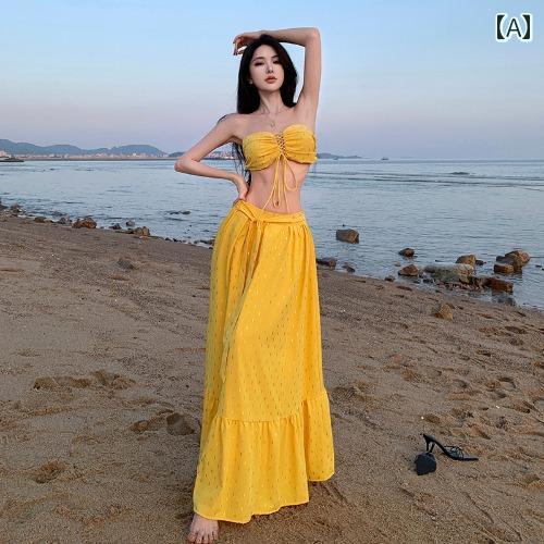 レディース ファッション ドーパミン 衣装 チューブ トップ レースアップ トップ 女性 ドレープ 大きい スイング スカート リゾート ビーチ スカート