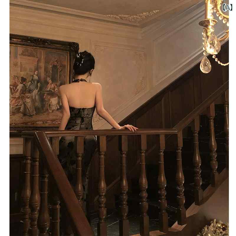 ワンピース リゾート レディース 大人 ロイヤル シスター ホルターネック バック レス ハイエンド ドレス 女性 夏 レース メッシュ ガーゼ スマッジ ロング スカート