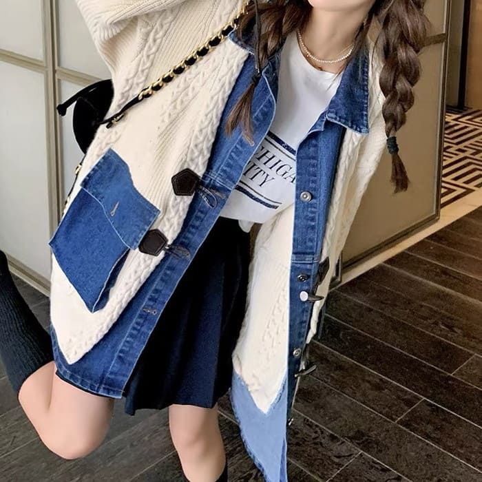 【高品質の製品】最新モデル登場！【毎日厳選 】 カーディガン ドッキング ニット×デニム カジュアル ルーズ 高校生 中学生 韓国 レディース b13288