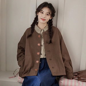 3日出荷新作 ヴィンテージ風 チャイナボタン ゆったり 重ね着 クルーネックアウター