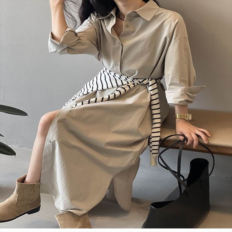 「期間限定セール」普段使い デイリー ロング丈 美脚 若見え シャツワンピース 前開き 襟付き 日常使い 定番 無地 1枚で決まる 脚長 コーディネー ダークグレー 旅行 ワンピース 秋 ス 高見え