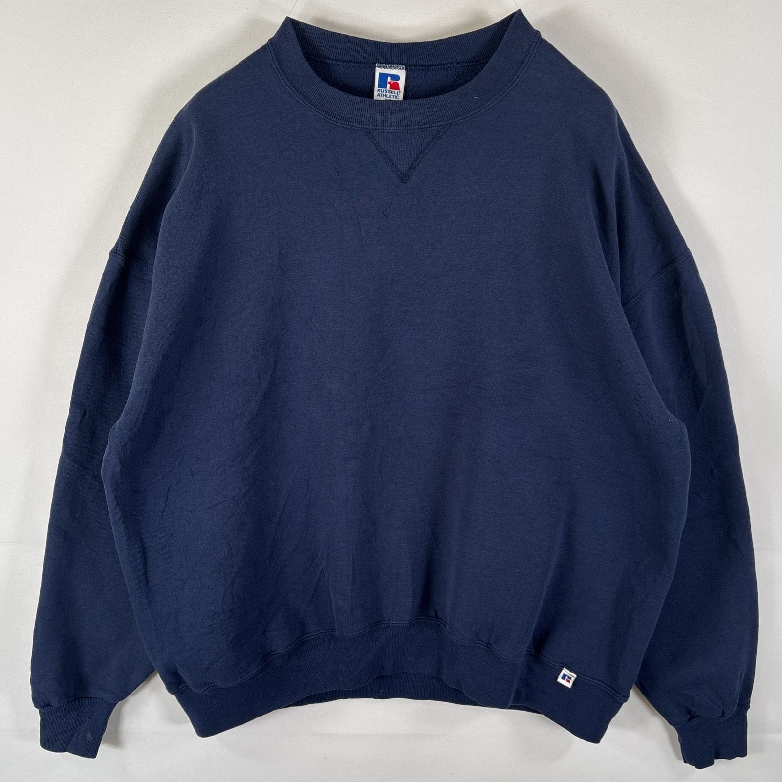 古着 90s/90年代 USA製 スウェット トレーナー クルーネック 大きいサイズ 無地 単色 前V XXL ネイビー メンズ