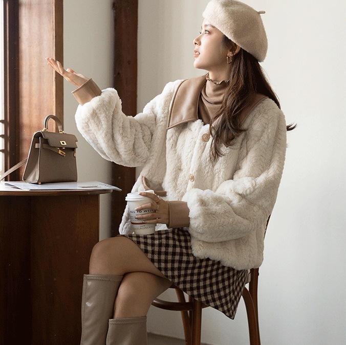 異素材ミックスアウター 冬アウタージャケット 襟付きジャンパー トップス アウター ブルゾン ジャケット シャンパー もこもこアウター ボアブルゾン 袖あり 長袖 Vネック Aライン もこもこ