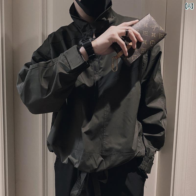 メンズ ファッション ダーク グリーン ジャケット 春秋 スタンドカラー ジャケット