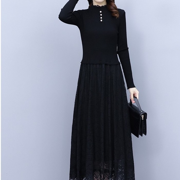 ワンピース ニット ロング ロング丈 マキシ マキシ丈 袖あり 長袖 ハイネック フレア レース 刺繍 かわいい 大人可愛い シンプル カジュアル 大人 上品 おしゃれ お洒落 大人女子 こなれ感