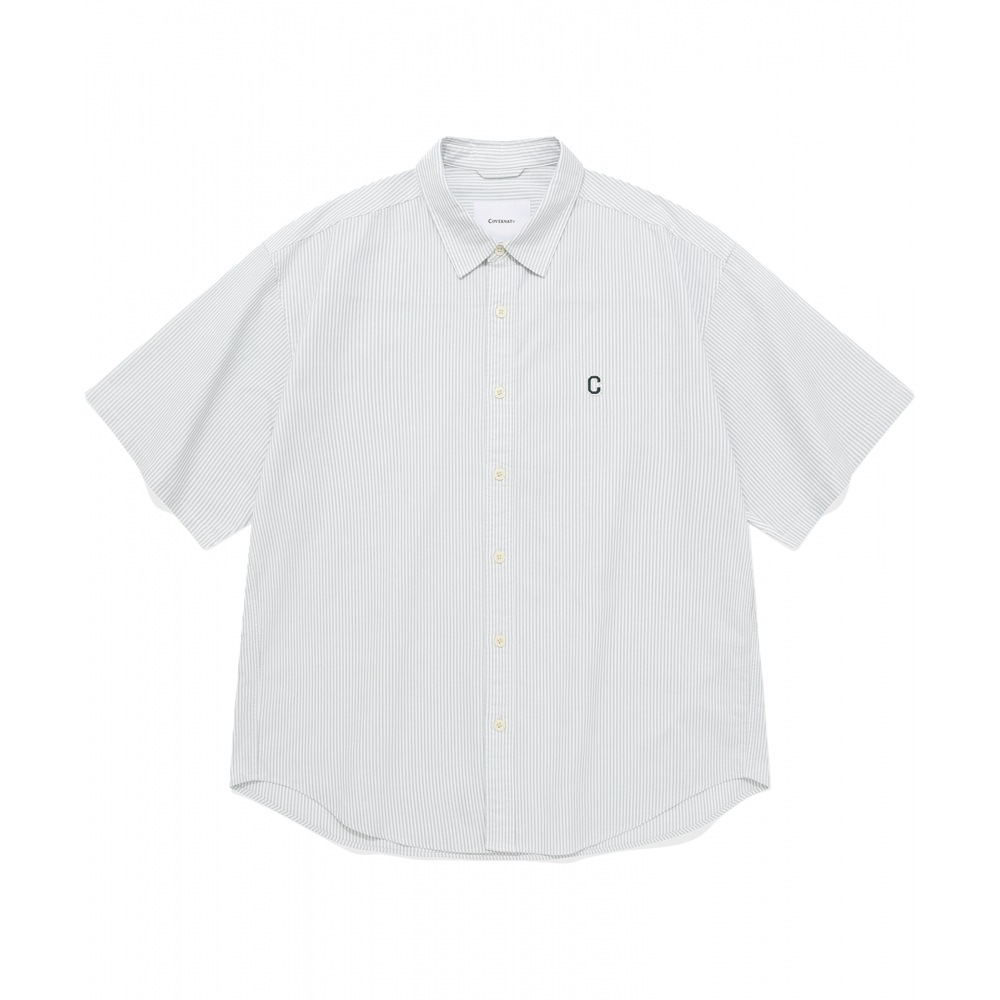 COVERNAT Cロゴオックスフォードストライプハーフシャツグリーン