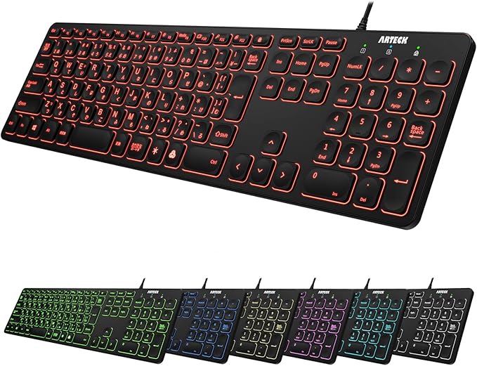 Arteck USB 有線 ワイヤー キーボード 7色バックライト搭載 明るさ変更 フル