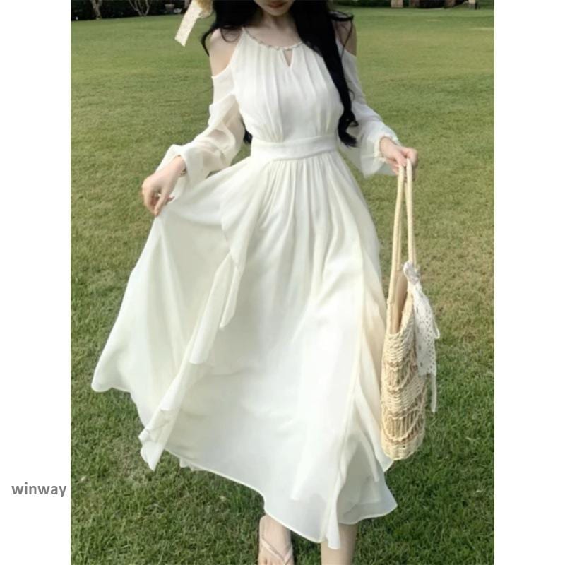 新作 白ワンピース マキシワンピース レディース ロングドレス 袖あり 体型カバー 二次会 vネック フレア 大人 カジュアル 細身 夏 裏地付き ホワイト 藤色 S/M/L