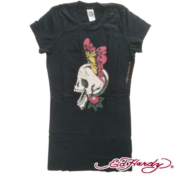 セール200種類の品揃え エドハーディー レディース チュニック Tシャツ　半袖　Ed Hardy BUTTERFLY SKULL ブラック ワンピース エドハーディー 正規品 LAセレブ