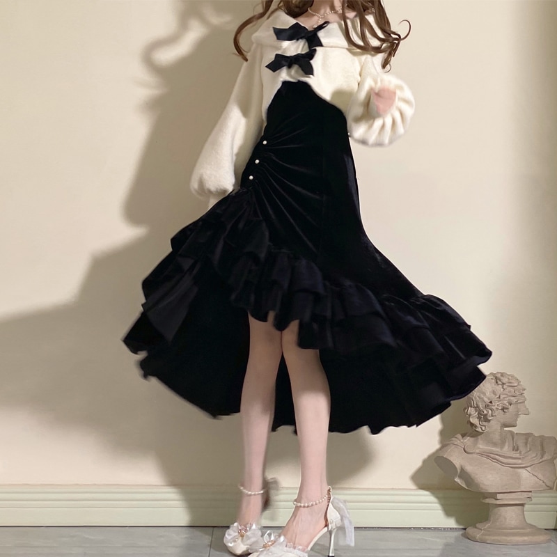 ロリータ ワンピース ツーピースセット レディース アシンメトリー マーメイドスカート フィッシュテールワンピース フリルワンピース 赤 黒 コスチューム jsk 忘年会 パーティードレス