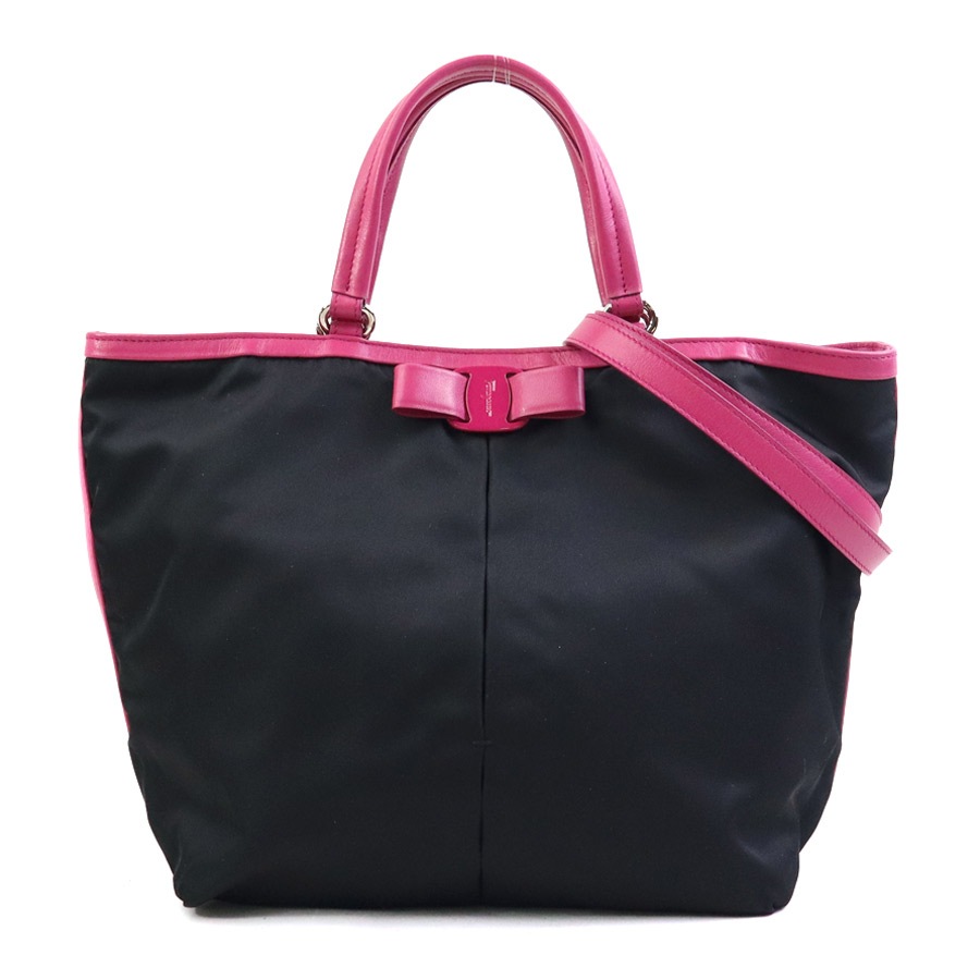 サルヴァトーレフェラガモ Salvatore Ferragamo ハンドバッグ ショルダーバッグ ヴァラリボン ナイロン/レザー ブラック×ピンク レディース h31963a
