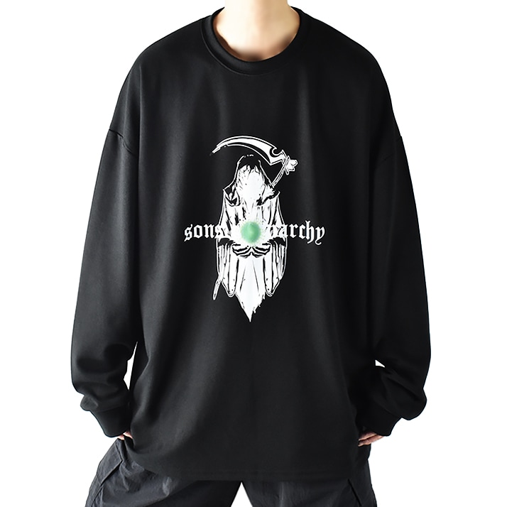 ロンT メンズ 厚手 ロンt 大きいサイズ ロンティー 黒 プリントtシャツ 長袖 オーバーサイズ tシャツ ビッグシルエット ゆったり だぼ ダボダボ 死神 ドロップショルダー ビッグシルエット
