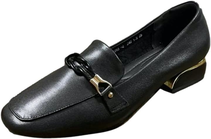 ローファー レディース 本革 チャンキーヒール 3cmヒール ビット ラバーソール スクエアトゥ (ブラック, 24.5 cm 2.5E)