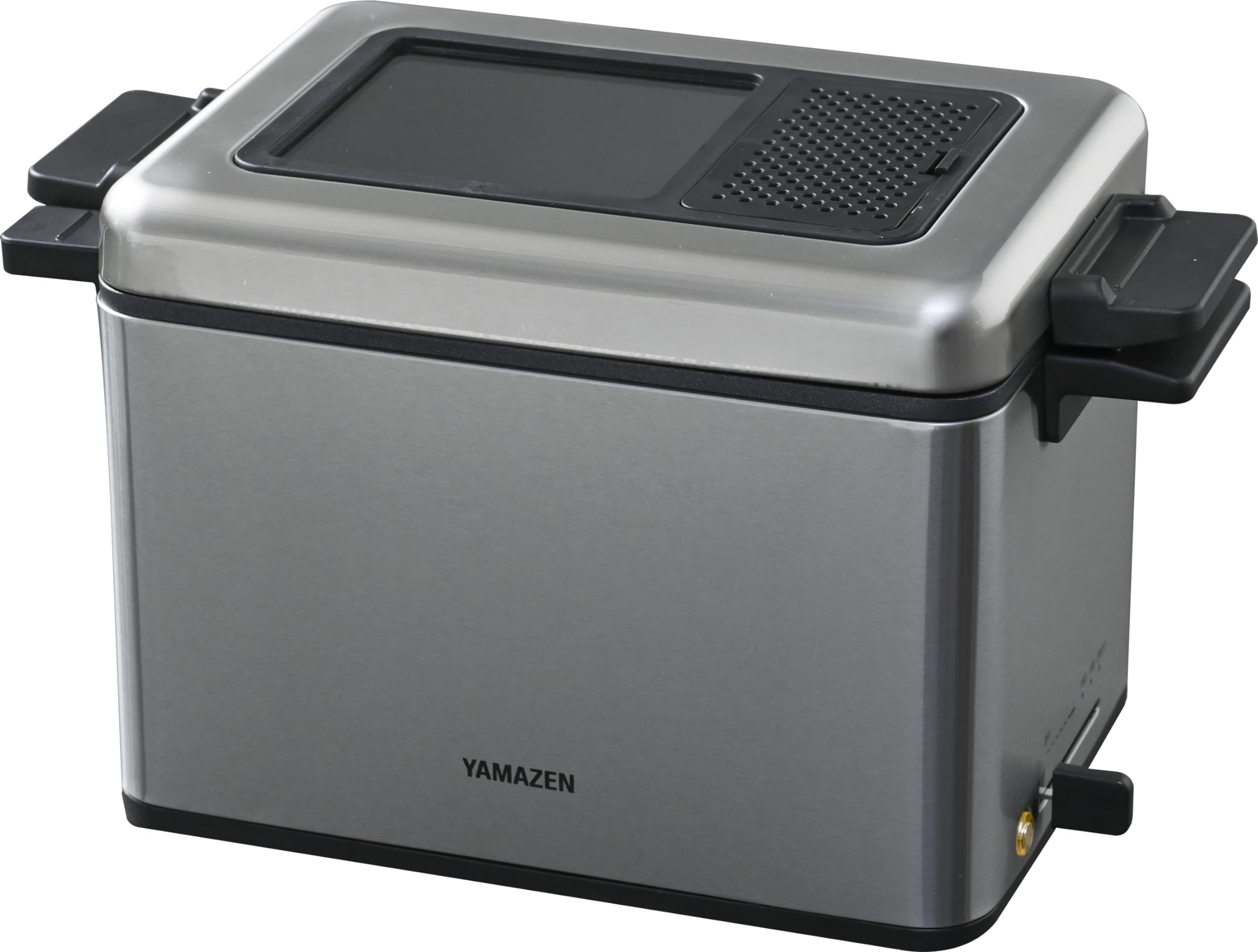 [山善] フライヤー 家庭用 電気フライヤー 卓上 865ml 「少ない油で揚げられる/使用油量約40％削減」 温度調節機能 1000W ローオイルフライヤー 油切り網付き シルバー YAG-L100