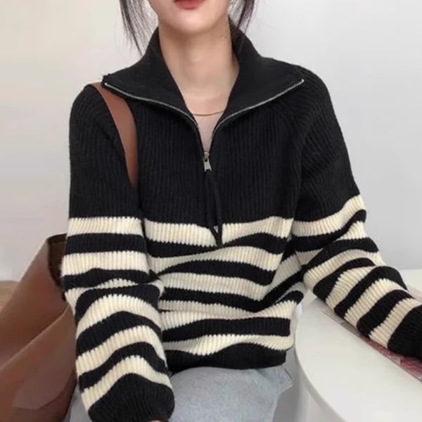 レディース ニット セーター プルオーバー 丈長 長袖 襟付き ハーフジップ ワイド ストリート 伸縮性 バイカラー シンプル カジュアル おしゃれ こなれ感 ラフ 個性的 クール モード系 モダン