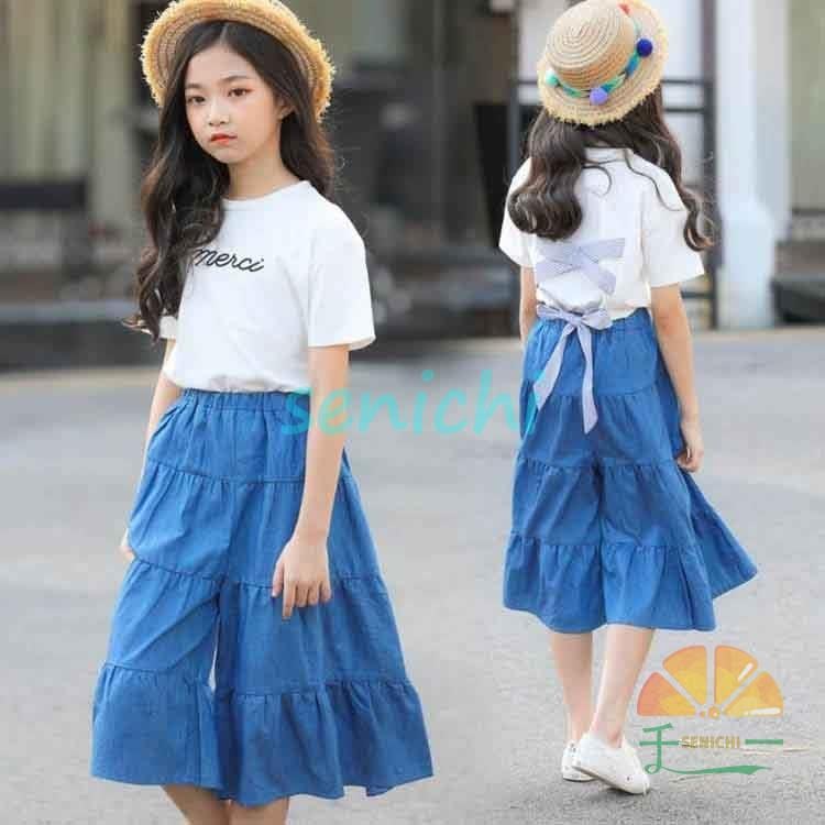 子供服 ２点セット トップス+ガウチョパンツ 夏 白Tシャツ ジーンズズボン 五分丈パンツ 半袖 デニム パンツ セットアップ カジュアル ゆったり 可愛い