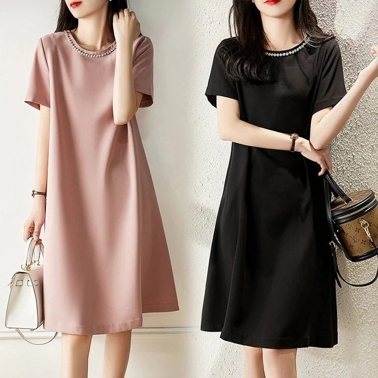 ワンピース レディース 40代 きれいめ 膝丈ワンピース 新作 半袖ワンピース 黒 チュニック Aラインスカートオシャレ韓国風 大人 通勤L ゆったり 30代