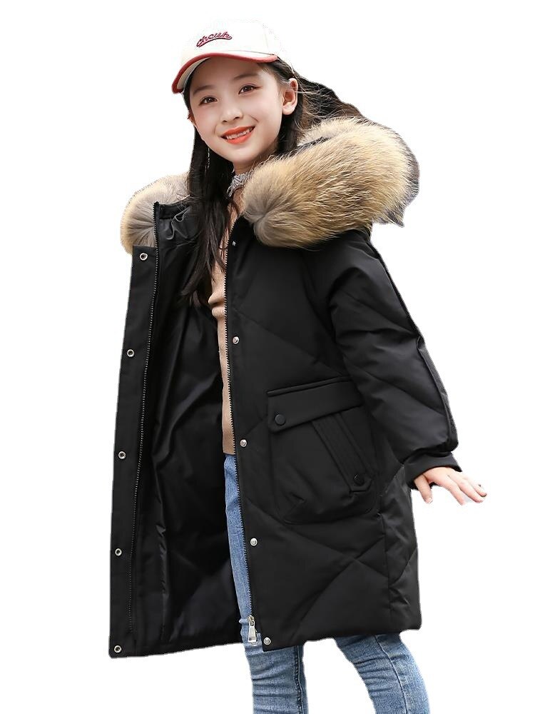 女児ダウンジャケット冬増厚中丈2022年新ファッション中型子供用ビッグファーカラーコート