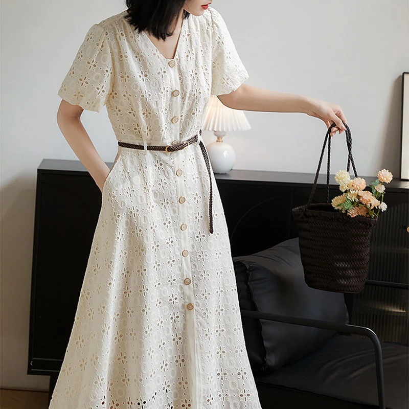 2025 新作 ワンピース 夏 半袖 長袖ワンピース ロングワンピース ロング シフォンワンピ ベアワンピ レースワンピ ドレス パーティードレス綿のレースエアカット小さな白いスカートフレ