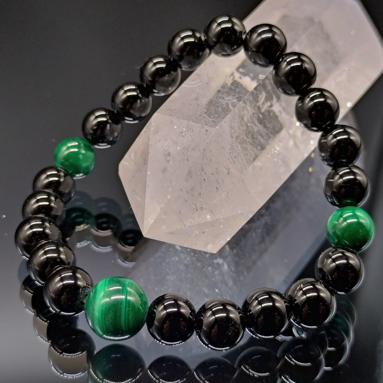 モリオン マラカイト 8mm 親玉10mm 鑑別済み パワーストーン 天然石 ブレスレット