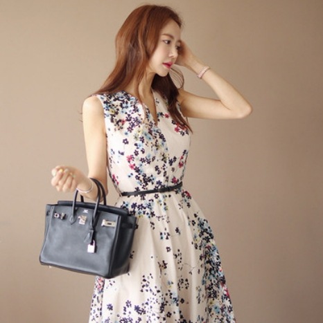 花柄ノースリーブロングワンピース ワンピース ロング丈 袖なし ノースリーブ Vネック フレア Aライン ベルト インナー 爽やか 大人スタイル かわいい 大人可愛い きれいめ シンプル 大人 上品