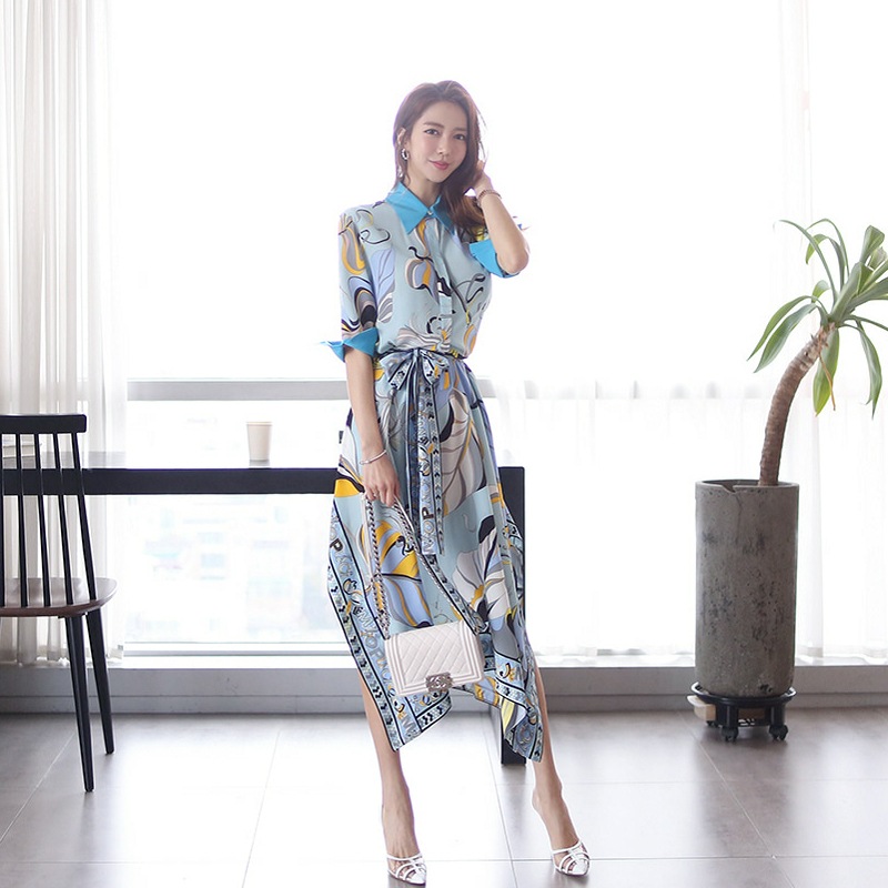 ワンピース シャツワンピース ミモレ ミモレ丈 ロング ロング丈 袖あり 5分袖 五分袖 襟付き フレア ウエストマーク ウエストリボン ハイウエスト かわいい 大人可愛い きれいめ シンプル